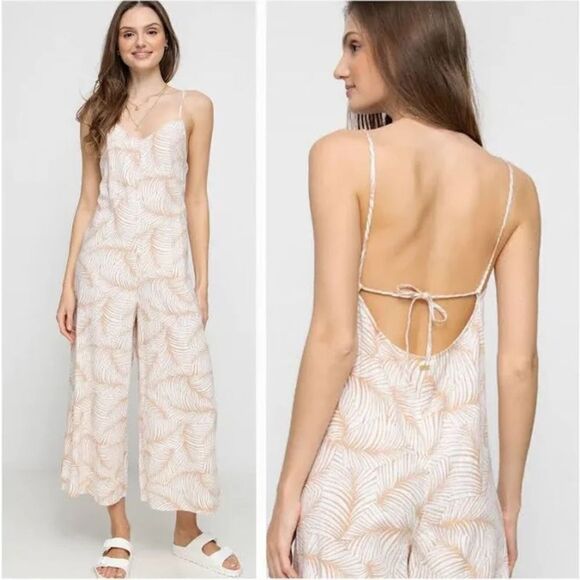 Roxy Close to You Palm Print Tie Back Wide Leg Jumpsuit Women's Tan Size M NWT - Picture 1 of 8